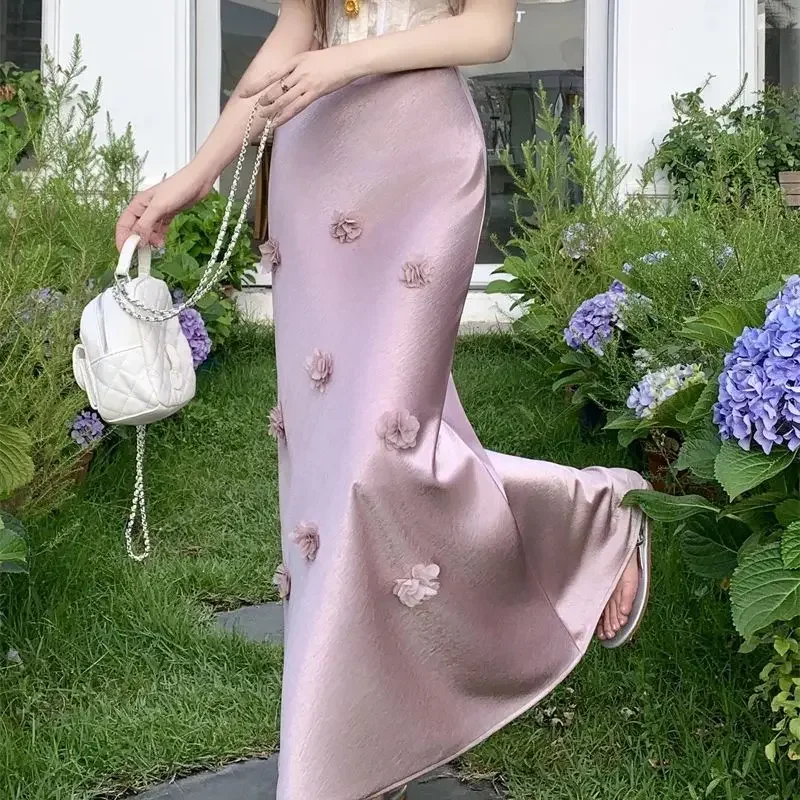 Nova moda de luxo 3d saia floral feminina verão cetim cintura alta magro elegante festa sereia saias cor sólida longo jupe