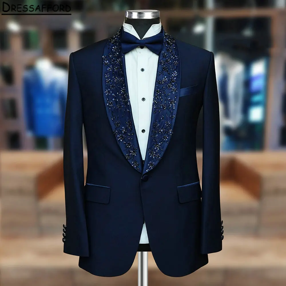 

Navy Blue Men Suits For Wedding Appliques Beading Groom Tuxedos 2 Pieces Jacket Pants Prom Blazers Customized