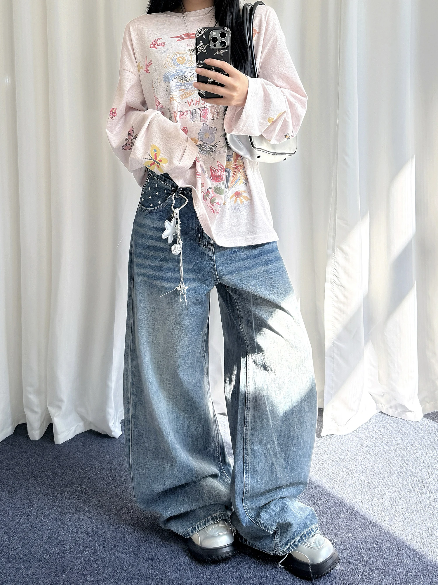 

Мужские джинсы Waed с широкими штанинами, свободного кроя, на молнии, повседневные, в пол, модные, в американском ретро-стиле