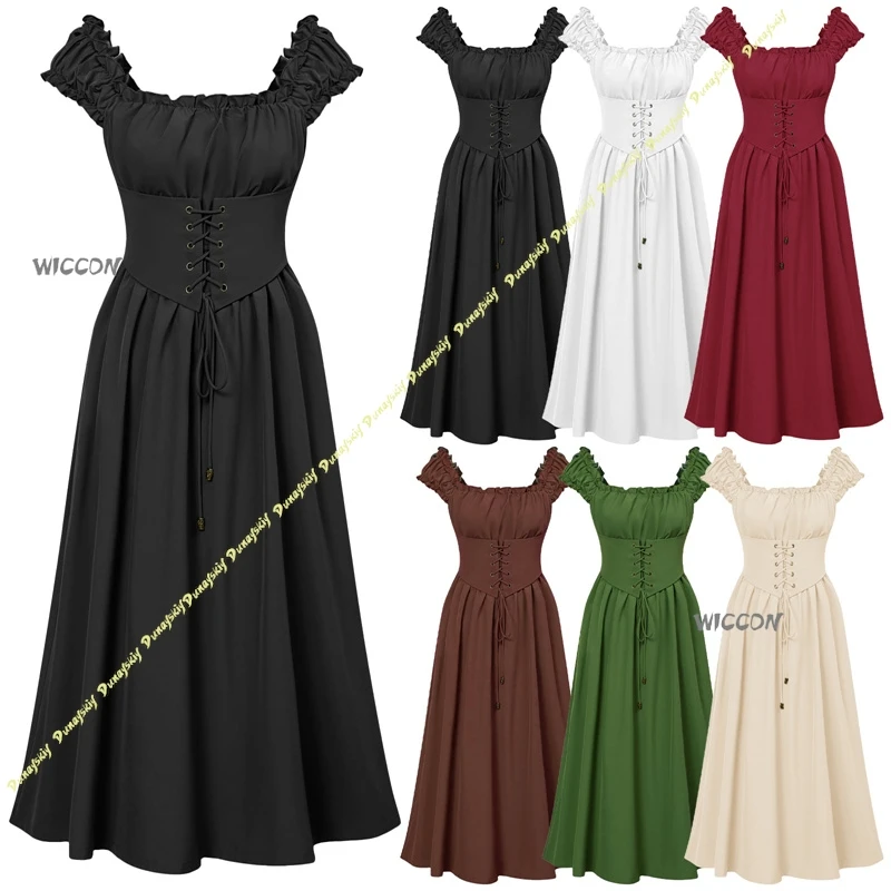 

Medieval Renaissance Royal Court Dress Ruffled Short Sleeve Dress with Slim Waist Corset Ladies Halloween Vintage Cosplay Outfit