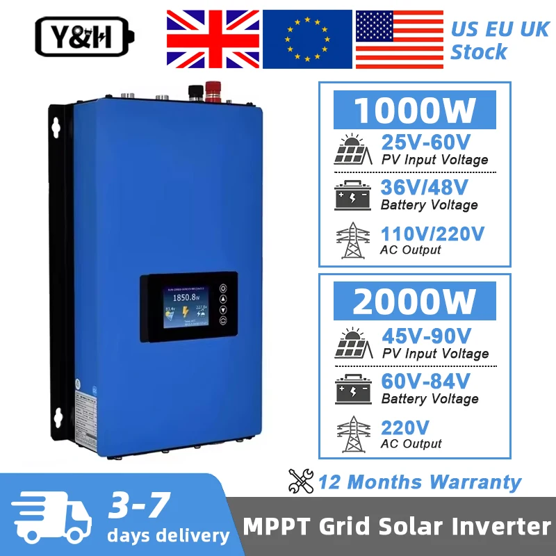 Y&H 1KW 2KW MPPT Solar-Netzwechselrichter AC110V/220V für Solarmodule/Batterien, Netzgekoppelter Wechselrichter mit Begrenzungssensor, unterstützt WLAN (optionales WLAN-Modul)