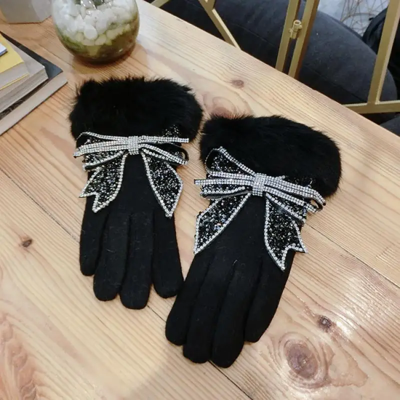 Cashmere gloves wool mouth rhinestones big bow cashmere finger gloves fashion thickened warm touch screen gloves C028