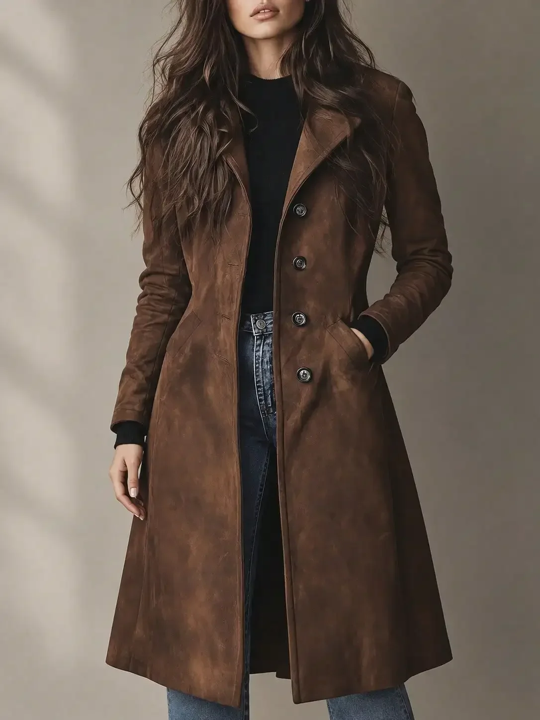 Women's Western Style Long Trench Coat Vintage Slim Fit Collared Long Sleeve Button Front Solid Brown Fall Outerwear For Weekend Styling