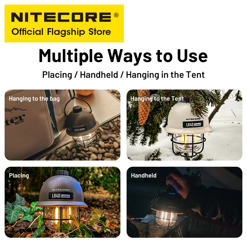 NITECORE 2 في 1 LR40 بنك الطاقة الخفيف للتخييم 100 لومن 3 مصادر الضوء المحمولة LED USB-C قابلة للشحن خيمة التخييم فانوس