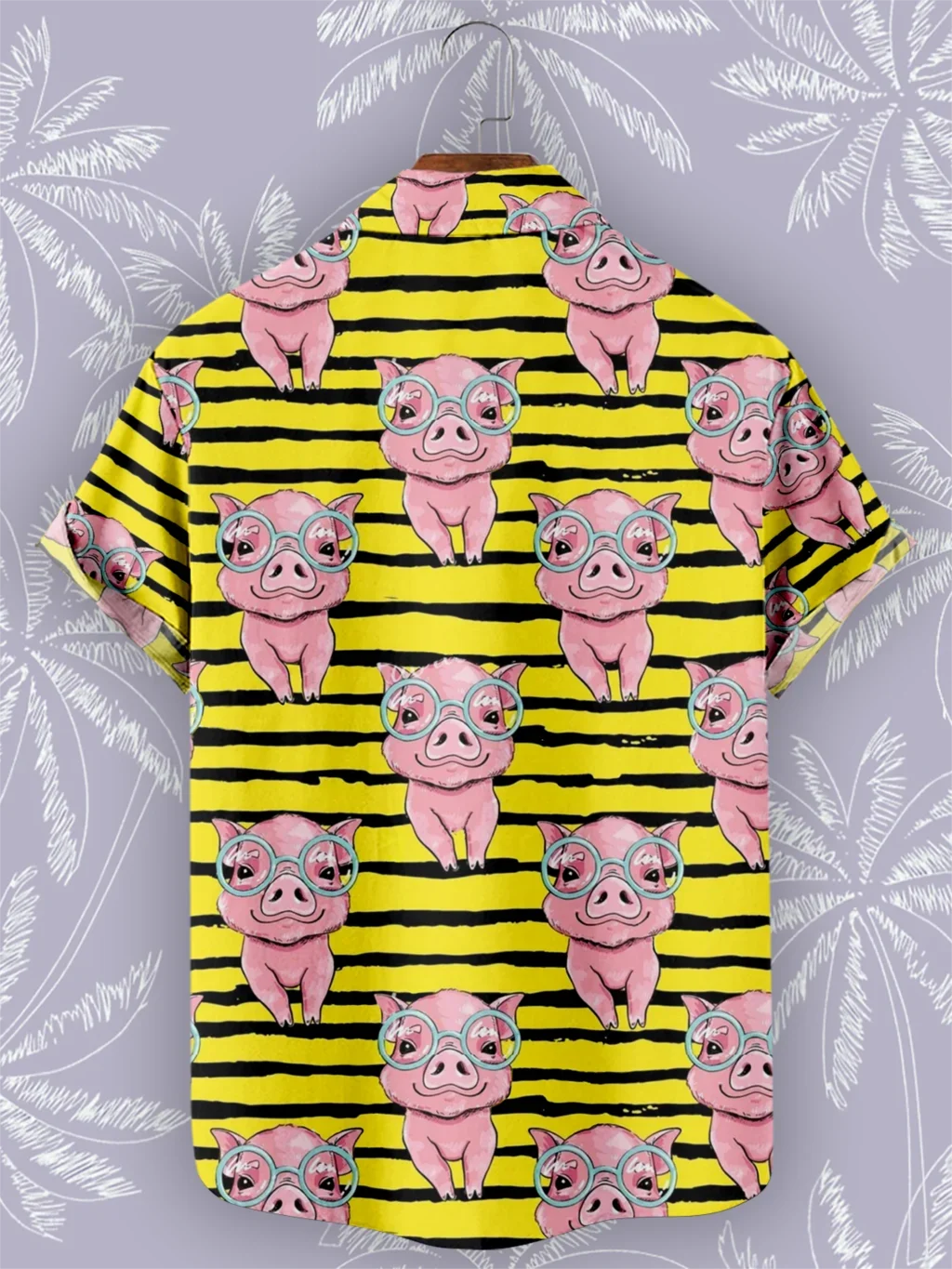 Pig Cartoon Hawaiian Shirts Man Stripe Short Sleeve Fashion 3D Print Cuba Tops Casual Yellow Shirts for Men Beach Blouses