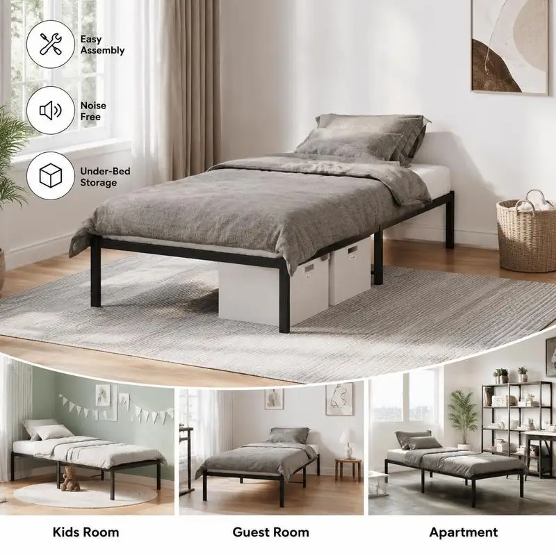 Cadre de lit métallique en acier robuste 90 x 200 cm avec sommier à lattes métalliques et pieds centraux, design classique élégant, installation simple par assemblage, espace sous le lit pratique pour