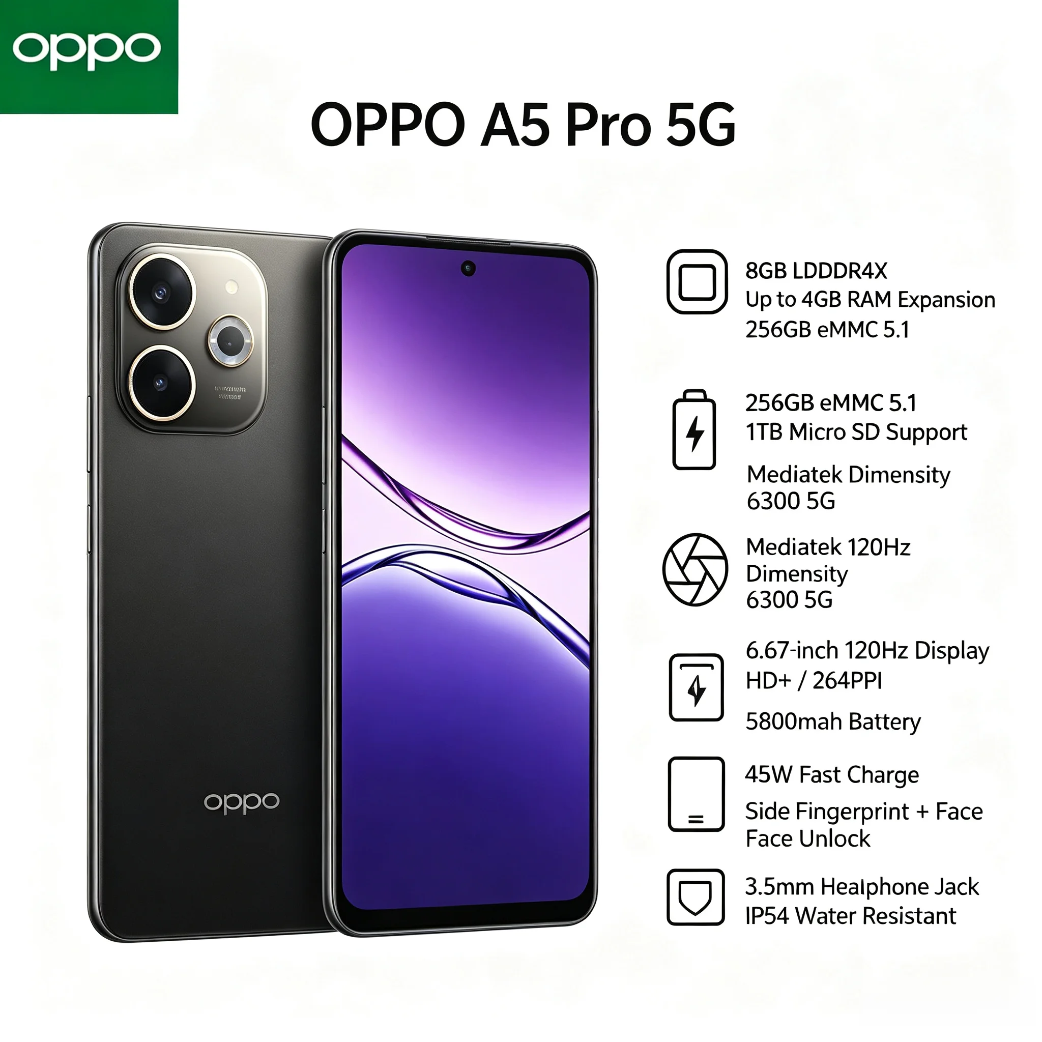 2026 New official OPPO A5Pro Smartphone 8 GB RAM 256 GB ROM Dual SIM 6.5' HD+ Waterdrop Screen Helio P35 Chipset 4000mAh Battery