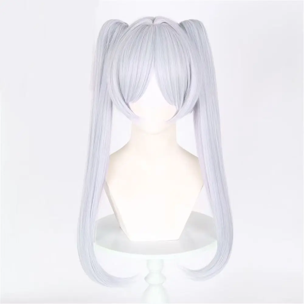 Wig cosplay Anime Frieren wig sintetis berkualitas tinggi dengan warna putih perak pendek dan kuncir ganda wig acara realitas anime dengan jaring mawar.