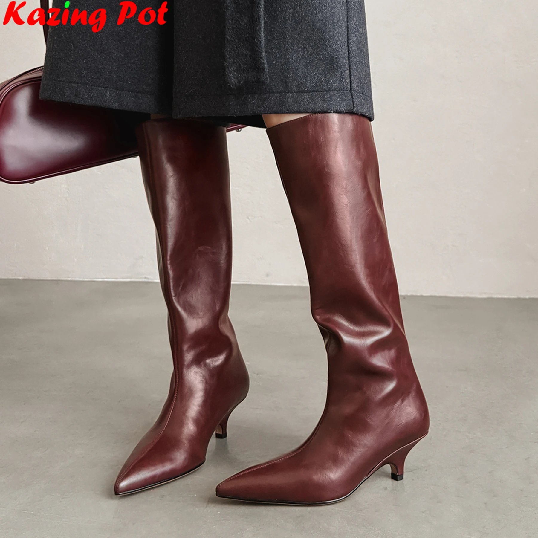 

Big Size 33-41 Cow Skin Pointed Toe High Heels Riding Boots Dating Autumn Winter Shoes Concise Party Sexy Women Knee-high Boots