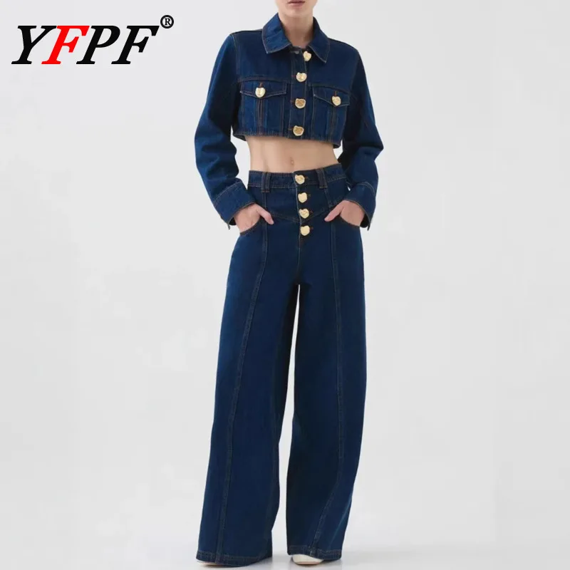 

YFPF синий джинсовый комплект из 2 предметов, женская уличная одежда, короткая куртка на пуговицах, пальто, широкие брюки, длинные брюки, мода 2025, осень, новинка