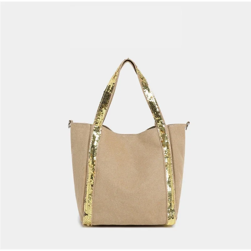 Pailletten-Canvas-Einkaufstasche mit Reißverschluss, große Kapazität, Vintage-Kontrastfarbe, Damen-Umhängetasche, Designer-Pendler-Alltagshandtasche, Schwarz – Detail 25