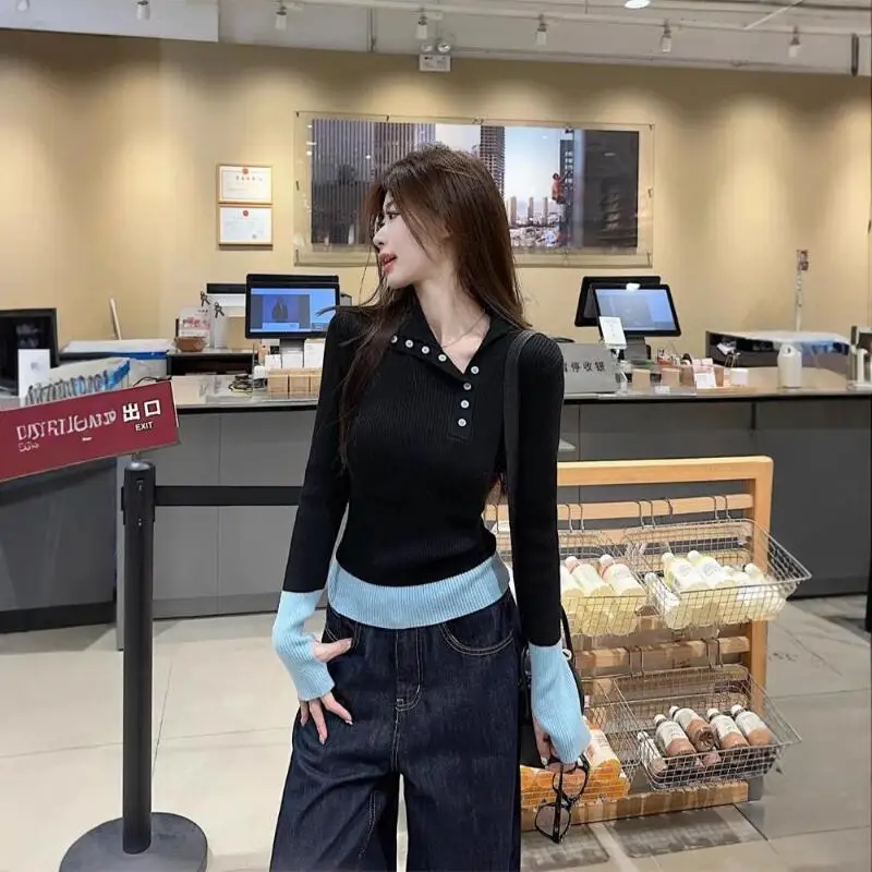 

Лоскутный свитер контрастного цвета с лацканами, женский осенне-зимний новый стиль, облегающая элегантная трикотажная рубашка в корейском стиле