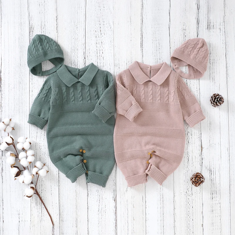 Cotton Baby Romper Knit Newborn Girl Boy Solid Jumpsuit Outfit Fashion Turndown Collar Infant Clothes Hat Long Sleeve Autumn 2PC 2