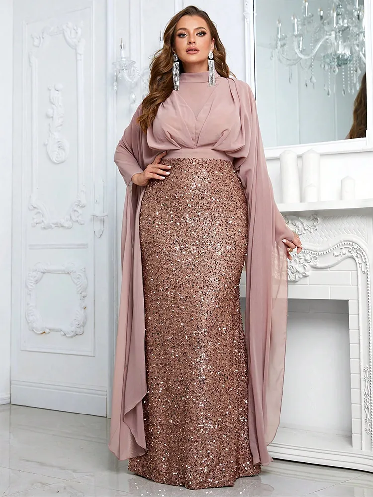 Plus Size 4xl 5xl Green Extra Long Cape Sleeves Beaded Hip Wedding Evening Dress Elegant Luxury Plus Size Prom Sparkling Dress