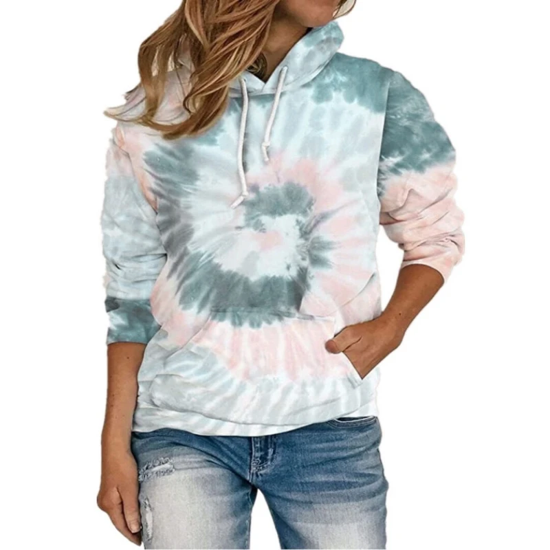 Women Vintage Tie-die Print Hoodies Fashion Casual Zip Up Long Sleeve Loose Jacket Coats Hooded Sweatshirts Y2k Streetwear