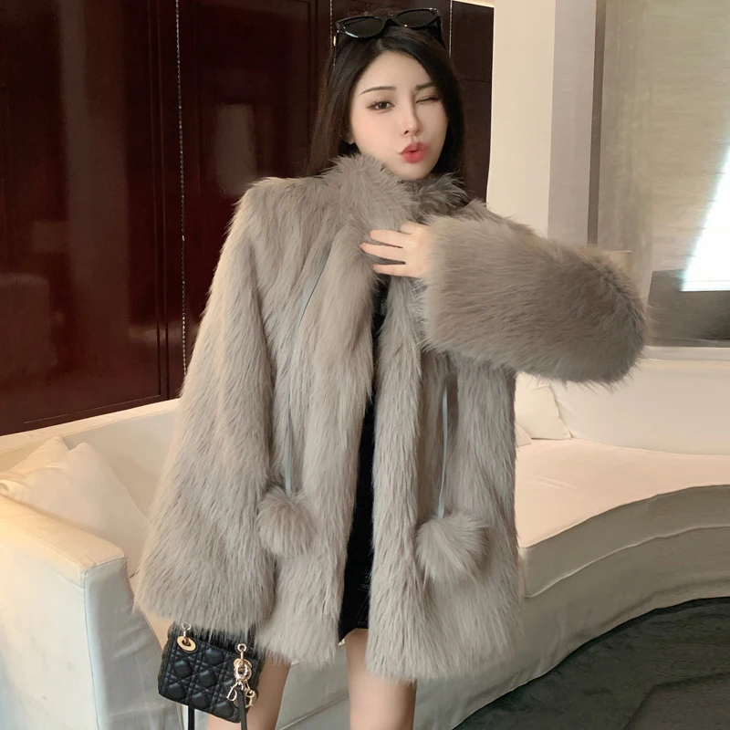 Winter New Women Faux Fur Coat Snow Ball Long Sleeves Thick Warm Faux Fur Coats Korean Fashion Young Lady