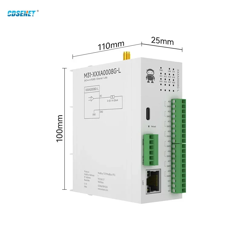 Lora 8AO RJ45/RS485 Analogschalter-Erfassung, verteiltes IO-Fernmodul CDSENT M31-XXXA0008G-L Host-Modul DC9 ~ 36 V PNP NPN