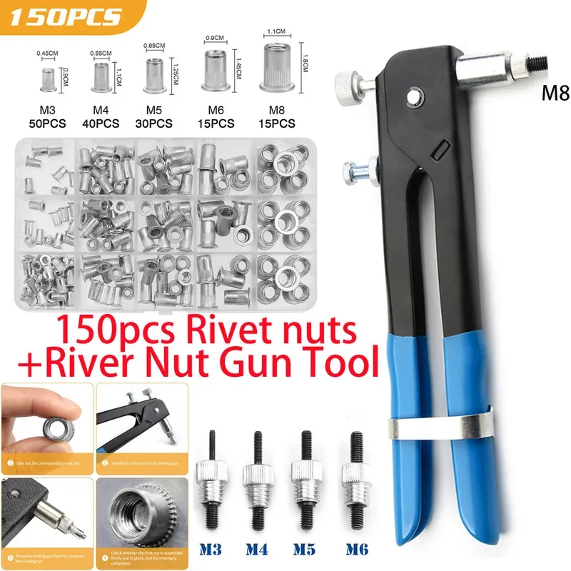 Juego de 150 Tuercas Remachables de Cabeza Plana + Pistola Remachadora + 5 Mandriles para Tuercas Remachables, Kit de Herramientas Manuales para Reparación, Surtido M3/M4/M5/M6/M8