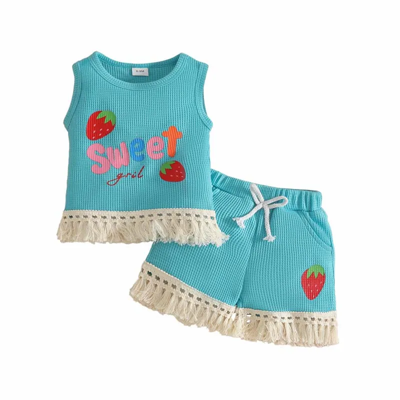 

1-3 Years Summer Baby Clothing Outfits Strawberry Alphabet Print Tank Tops and Shorts 2-Piece Set Toddlers Girls Clothes