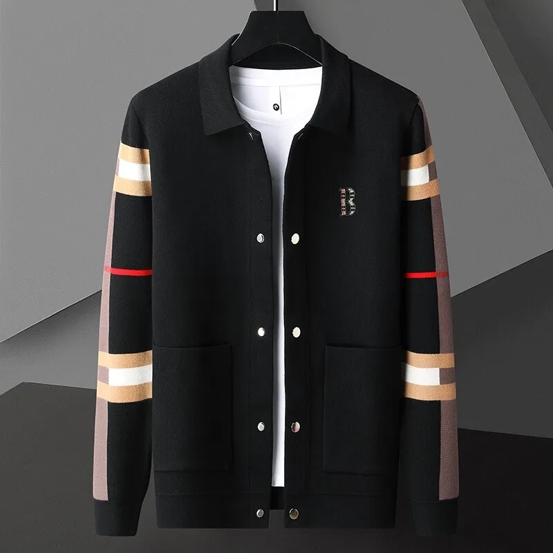 High-end Knitted Cardigan Color-blocking Jacket for Men, Spring and Autumn Korean Style Slim Fit Outerwear, New Men's Knitted Sw