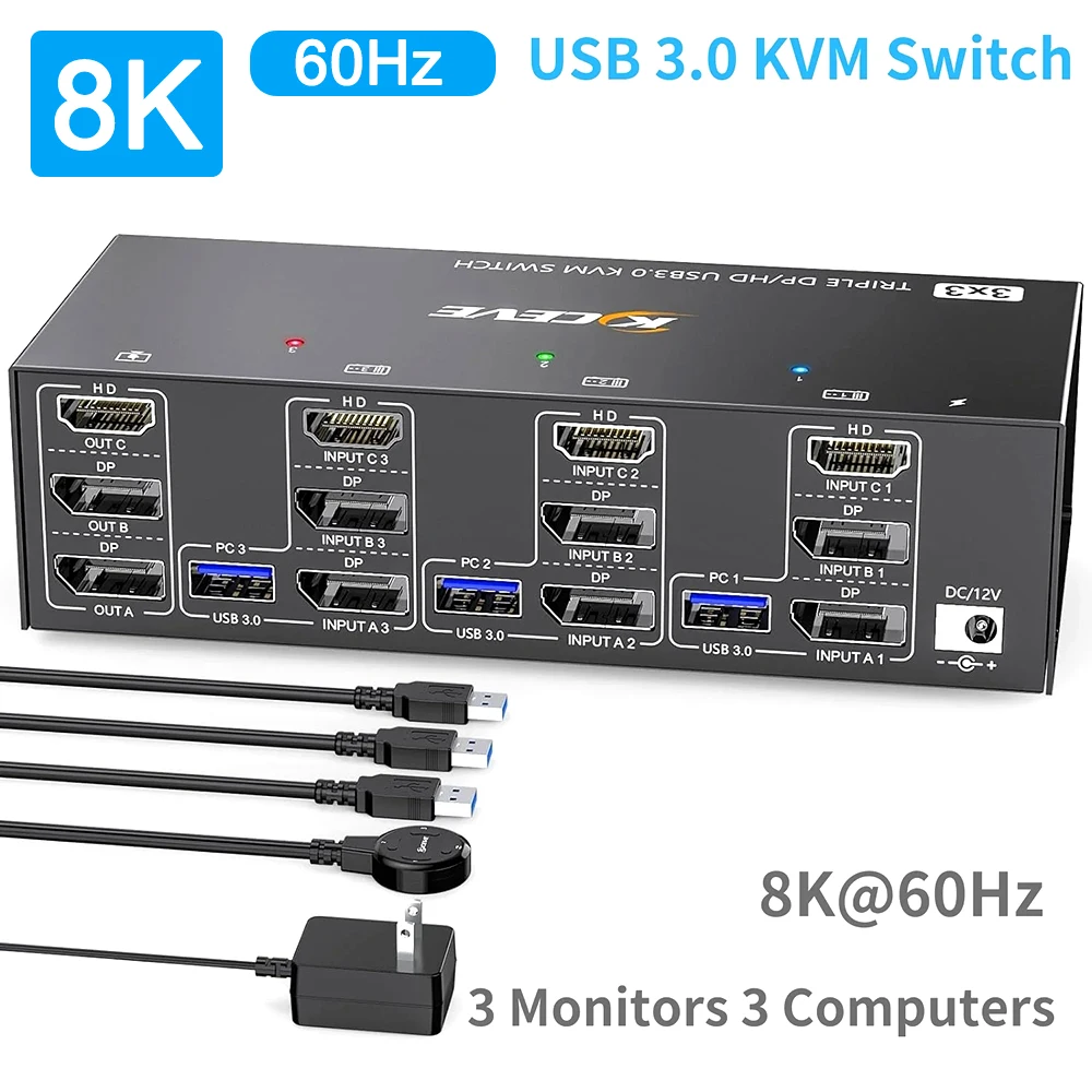 HDMI-compatible USB 3.0 KVM Switch 3 Monitors 3 Computers 8K@60Hz 4K@144Hz Triple Monitor KVM with 4 USB 3.0 Ports KVM Tripl