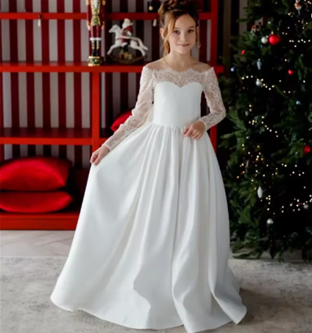 

White Satin Flower Girl Dresses Lace Long Sleeve For Wedding Puffy Elegant Baby First Communion Dress Kids Birthday Ball Gowns