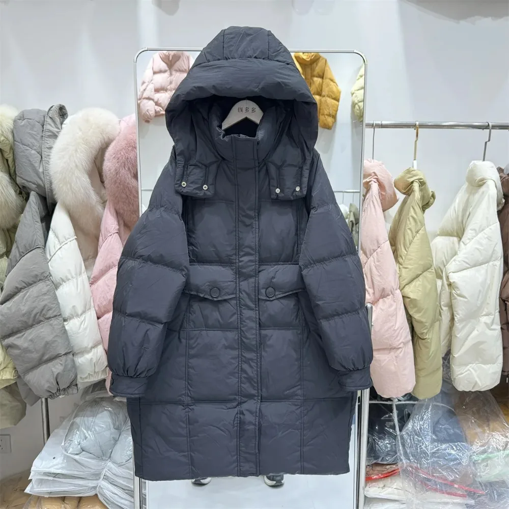 2024 New White Duck Down Jacket Women Long Hooded Thickened Loose Straight Warm Down Coat Casual Fashion Office Lady