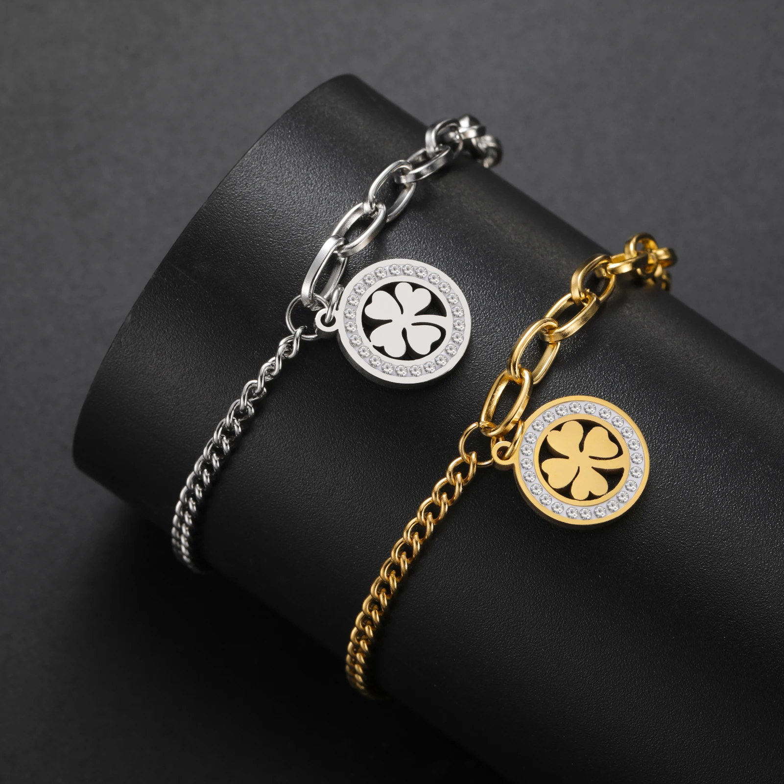 COOLTIME Edelstahl Runde Klee Armbänder Frauen Mode Klassische Zirkon Kristall Armband für Frauen Schmuck Geburtstag Geschenke – Detail 10