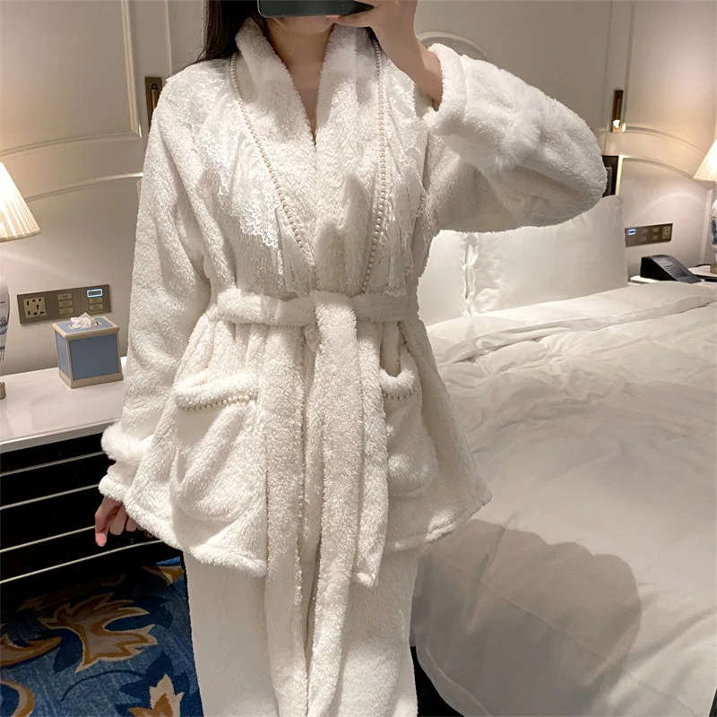 Women's Sweet Coral Fleece Pajamas Autumn Winter Thickened Warm Cardigan Long Pants 2PCS Sleepwear Flannel Loose Casual Homewear