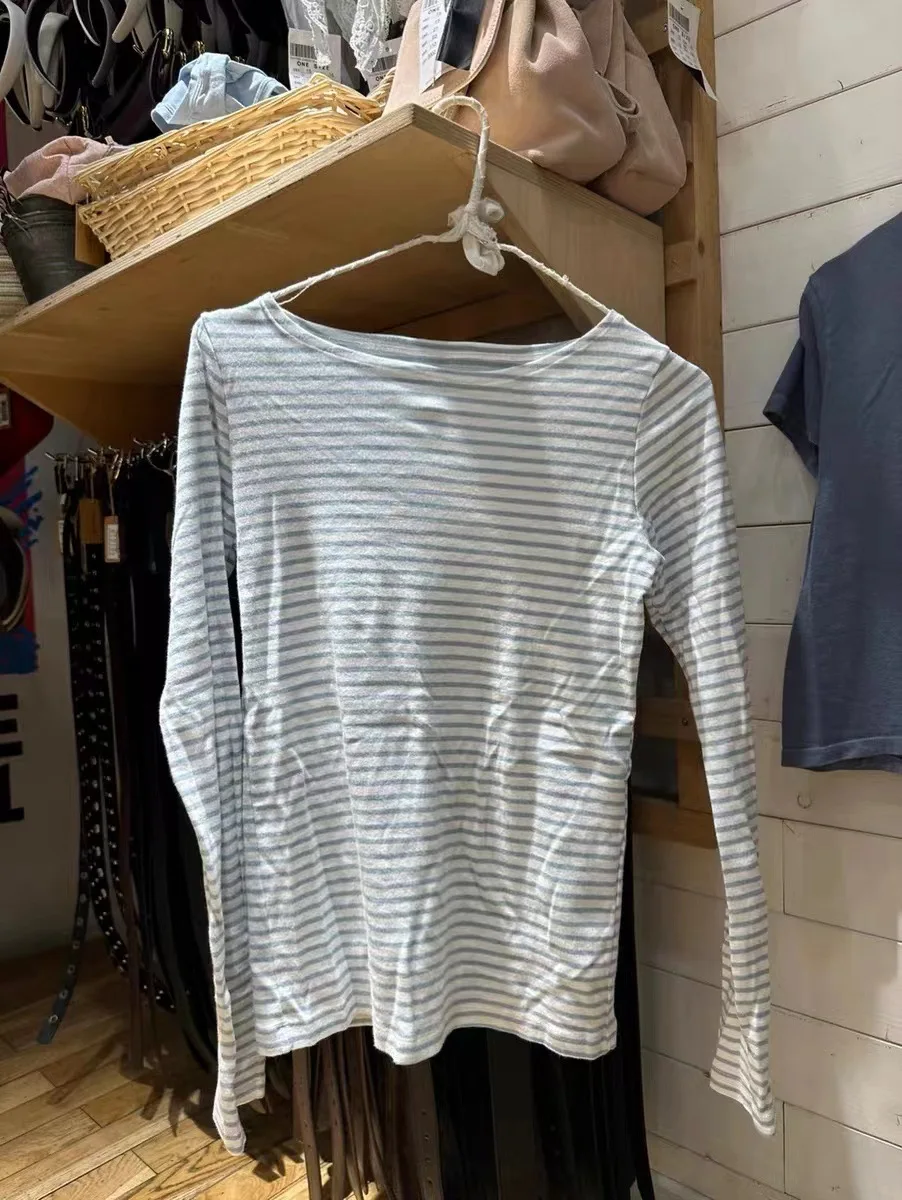 الأبيض الضوء الأزرق تي شيرت مخطط المرأة مغرفة الرقبة طويلة الأكمام سليم الأساسية تي شيرت الخريف بسيط عادية الحلو البلوز القمم تيز