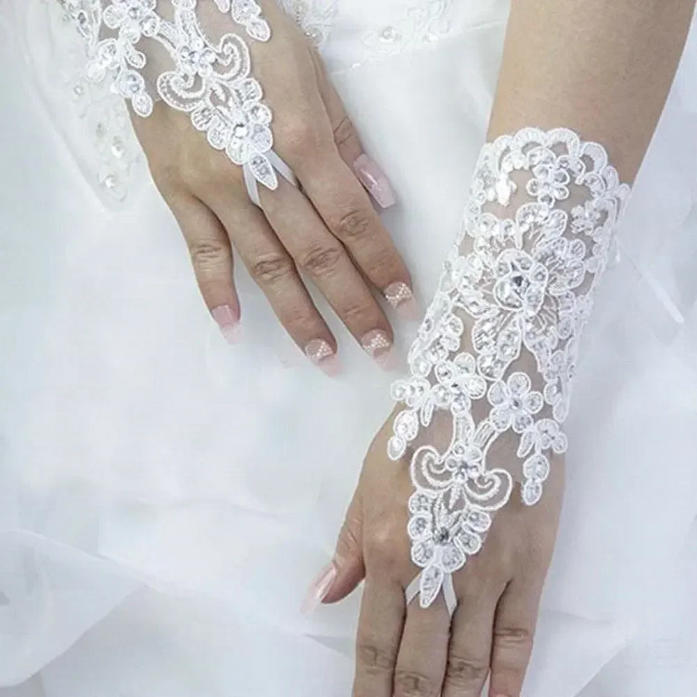 Lace Fingerless Rhinestone Bridal Gloves for Wedding Party