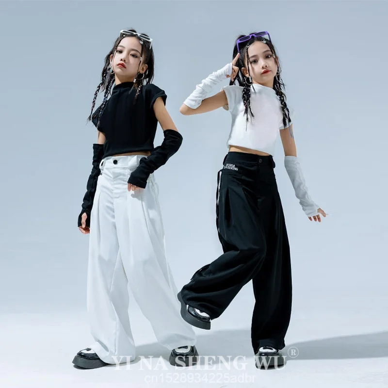 K-pop الفتيات ملابس الهيب هوب ملابس رقص الجاز الرقص المحاصيل القمم أبيض أسود السراويل الحديثة أداء الرقص دعوى مجموعة ارتداء