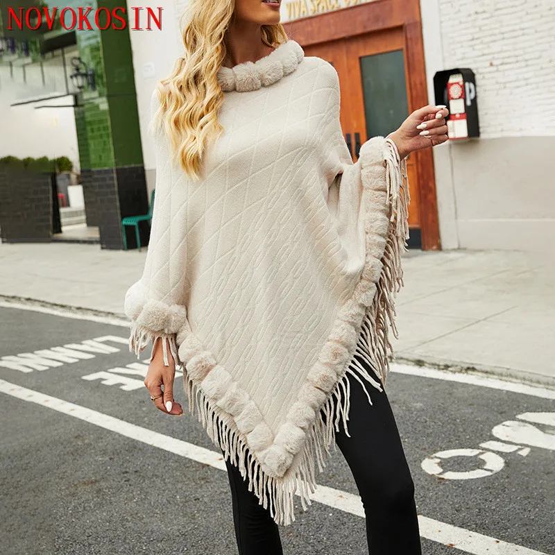 5 Colors Faux Fur Poncho Cloak Tassel Big Pendulum Cape Triangle Striped Jacquard Winter Thick Loose Outstreet Pullover Coat