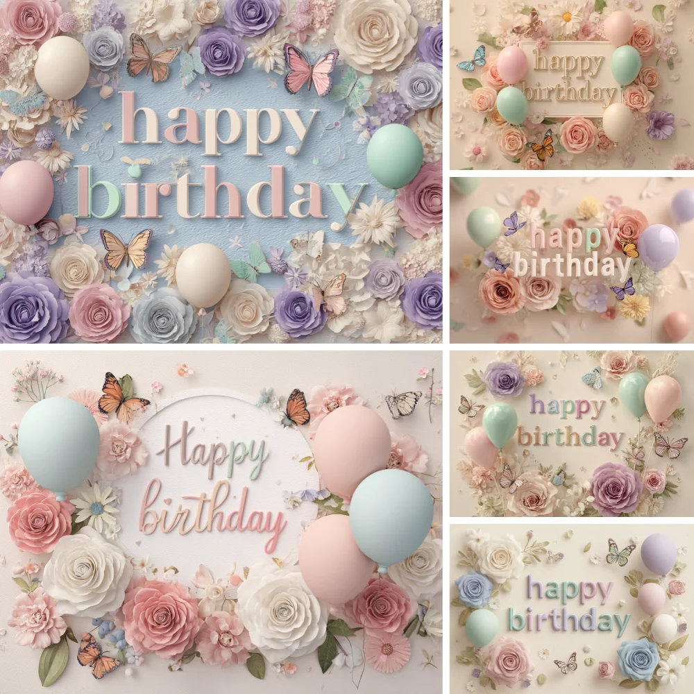 

Pink Flowers Balloons Backdrop Woman Girls Birthday Party Portrait Photography Background Butterfly Table Decor Photo Studio