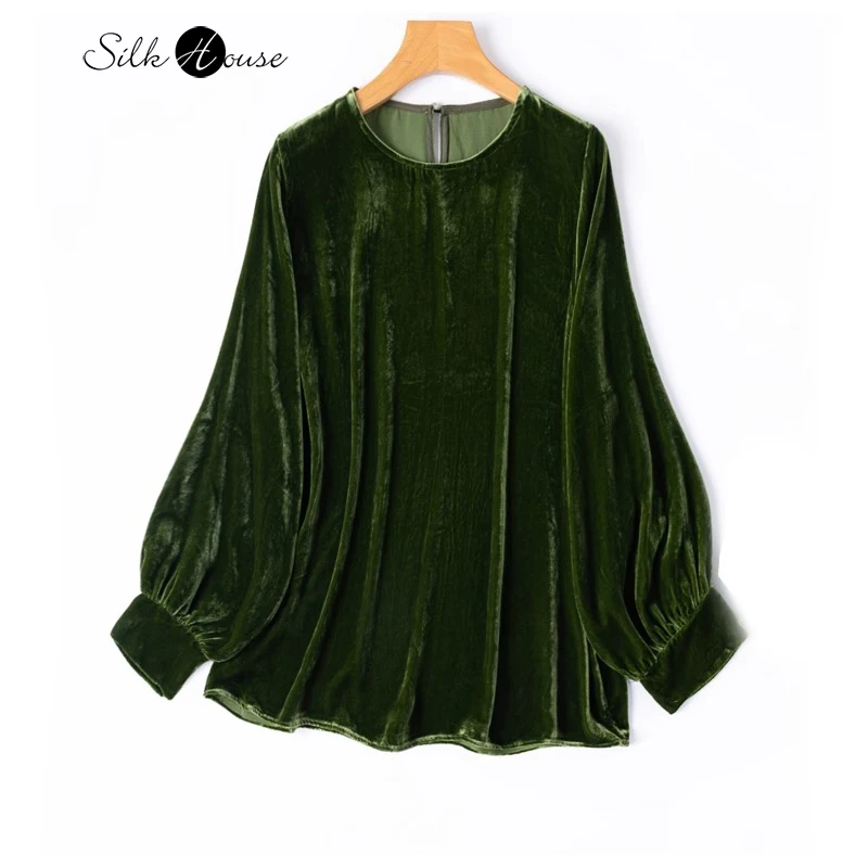 

Light Luxury 30% Natural Mulberry Silk Velvet Pine Needles Green Round Neck Lantern Long Sleeved Loose Women's Simple T-shirt