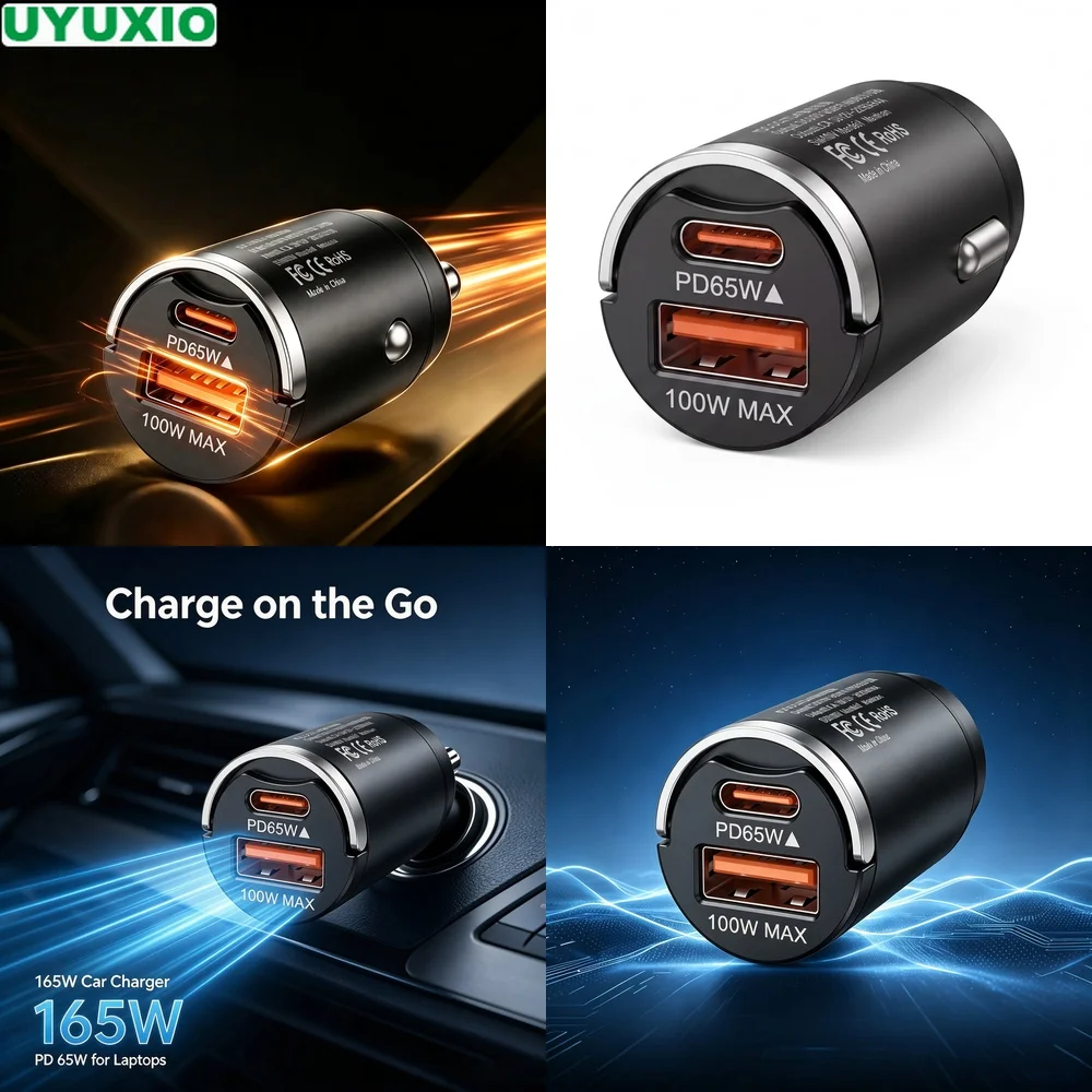165W Two Port Car Charger USB C 65W and USB A 100W Dual Charging for Multiple Mobile Devices Metal Body with Multi Protection