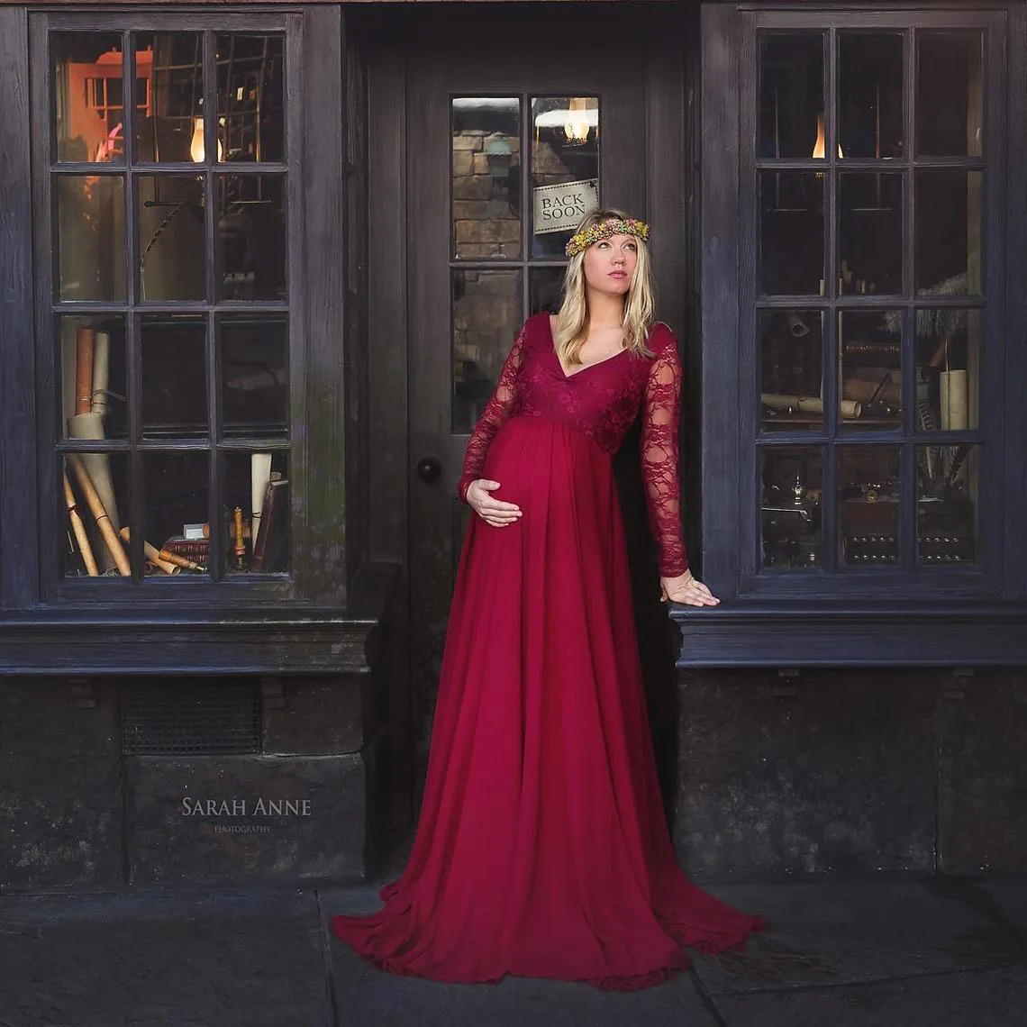 섹시한 임부 사진 촬영 드레스 - 긴 소매 레이스 트림 루즈핏 맥시 가운 (트레인 포함) 유럽 및 미국 스타일 임신복