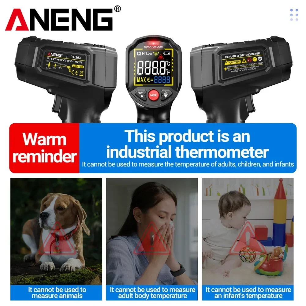 ANENG TH203 ميزان الحرارة 50 ° ج ~ 600 ° نسبة C VA عكس مقياس البيرومتر بالأشعة تحت الحمراء اختبار الرطوبة بالأشعة تحت الحمراء عدم الاتصال الصف 12:1 مسافة الكائن #3