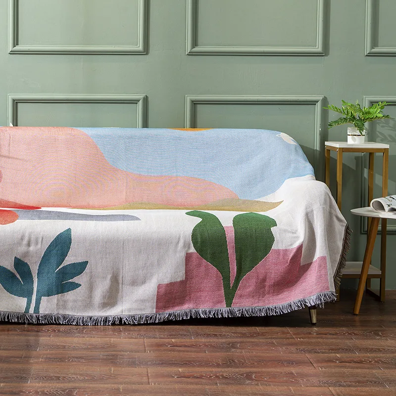 Abstract Floral Jacquard Throw Blanket Tassels Mid Century Modern Woven Tapestry for Sofa Boho Artistic Cotton Blend Bedspread