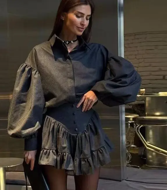 Retro Lapel Shirt Ruffle Short Skirt Sets Women Fashion Long Sleeve Tops Mini Skirts Two Piece Set Female Preppy Lady Outfits