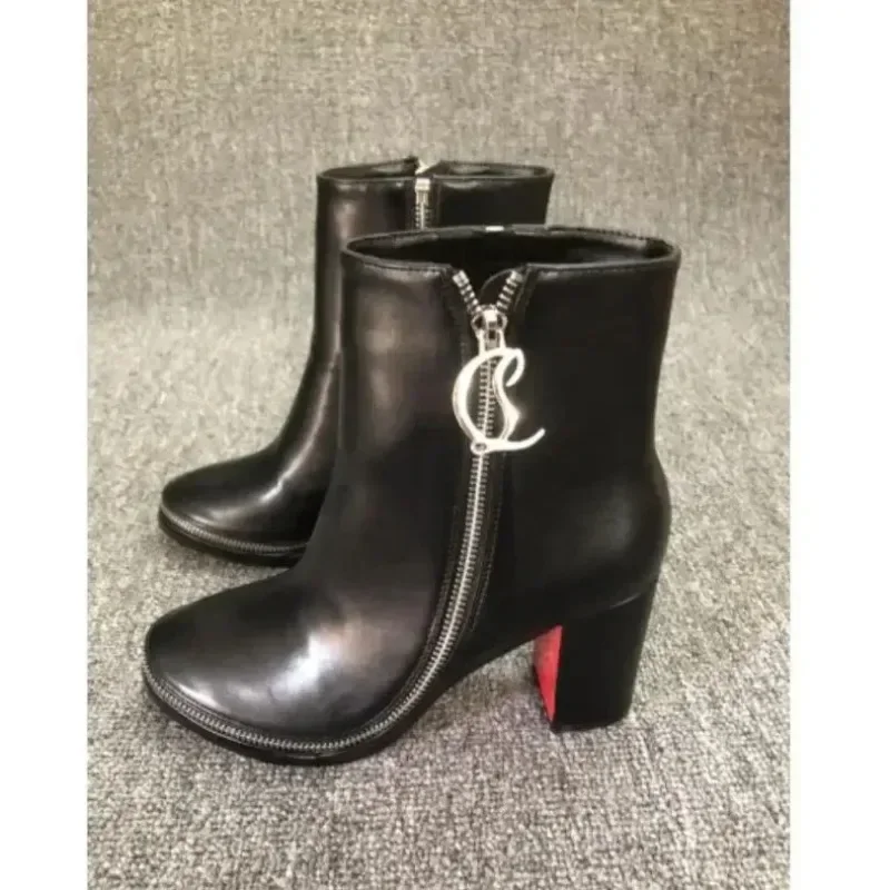 

Luxury Designer Black Brown TOP Quality Red Soles Round Toe Ankle Boots Sexy Zipper High Heels Shoes NEW Brand Thick Heel Pumps