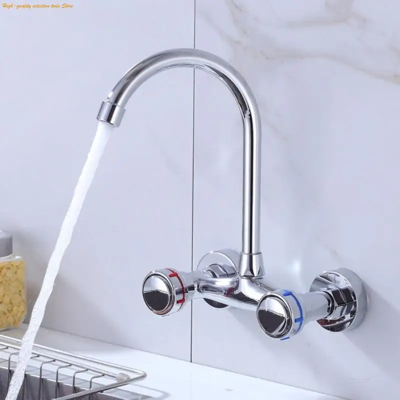 

203F Double Handle Wall Faucet 360 Rotating Spouts Hot Cold Water Flows Simple Installs
