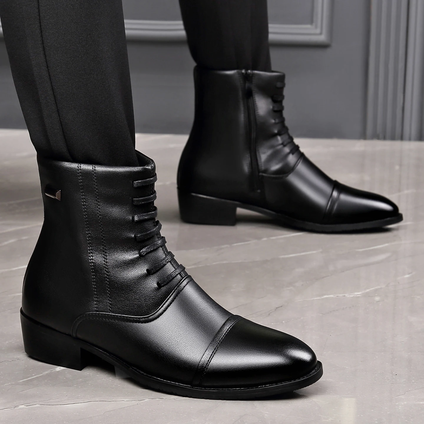 

Boots Men's Genuine Leather 2025 New Winter Heightening Pointed Velvet Thermal Cotton Shoes Low-top Chelsea Short Boots