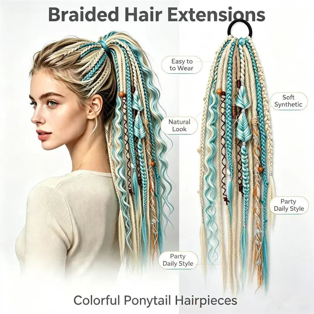 Handmade Bohemian Box Braids Synthetic Curly Dreadlock Ponytail Hair Tie Women's Fashion Braided Hair Extensions