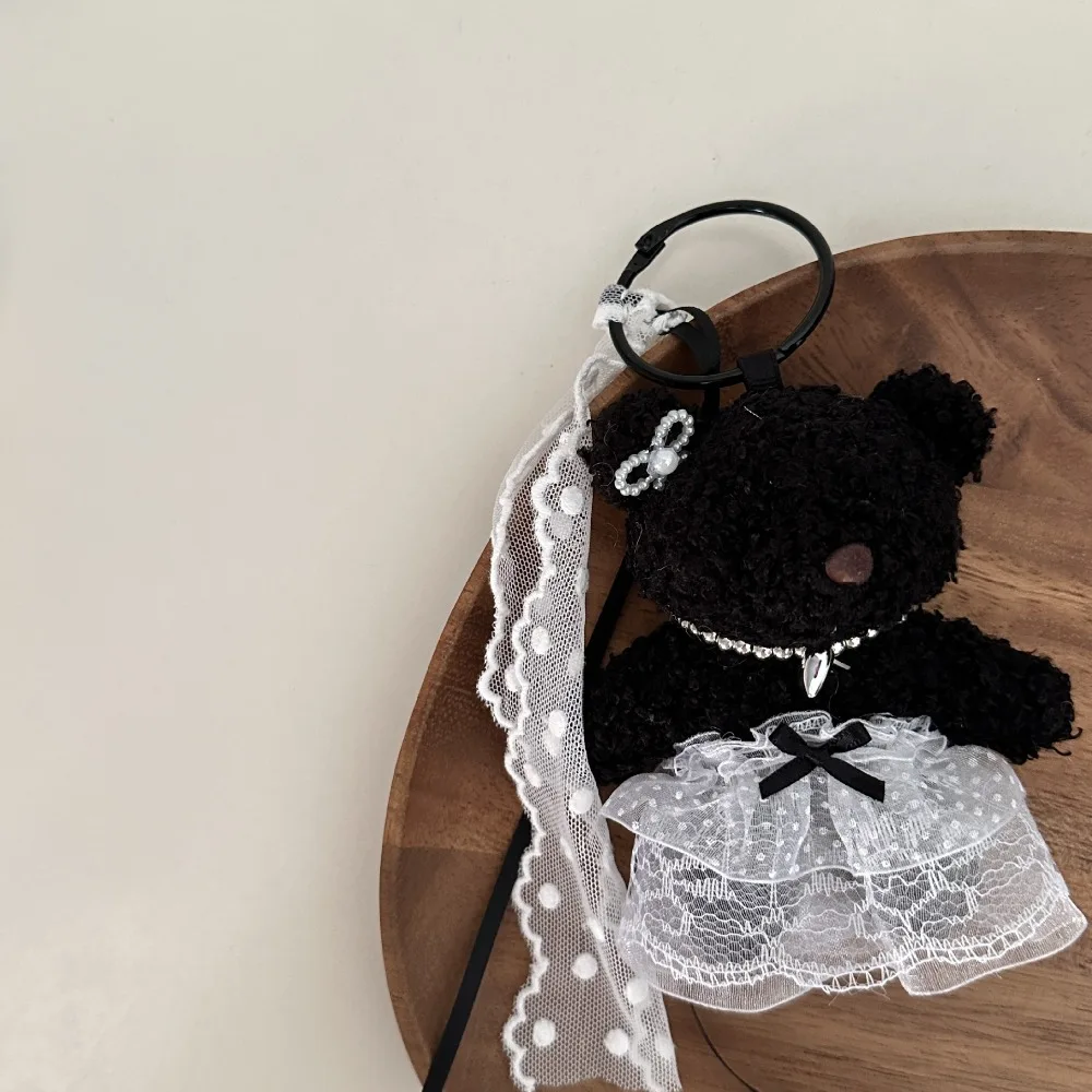 Gonna in pizzo di cotone PP a righe Portachiavi con orso Perla Stile coreano Peluche Coniglio Ciondolo Fiocco morbido Borsa per bambole Y2K Ornamenti per borse con ciondoli