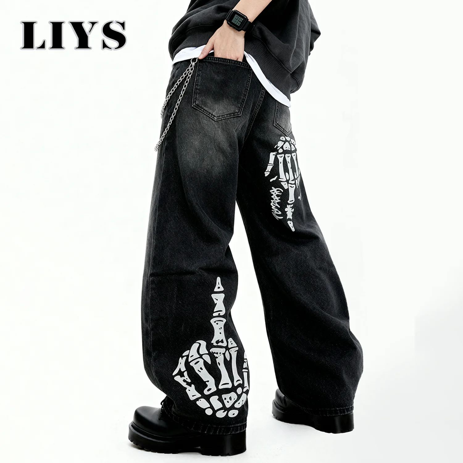 Men's Black Skull Finger Print Baggy Wide Leg Jeans Spring Summer Loose Straight Leg Denim Pants Women's Skull Element Jeans
