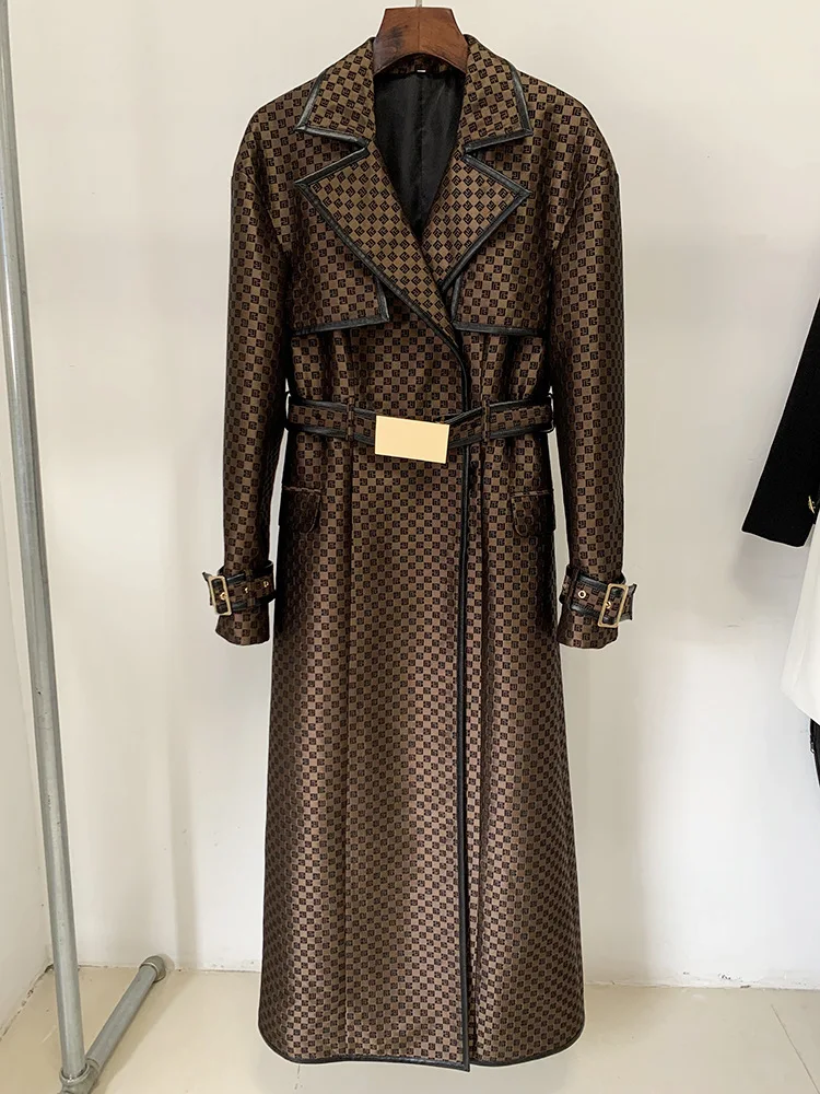 winter New 2024 celebrity fashion belted jacquard maze pattern embroidery luxury long trench coat jacket high quality