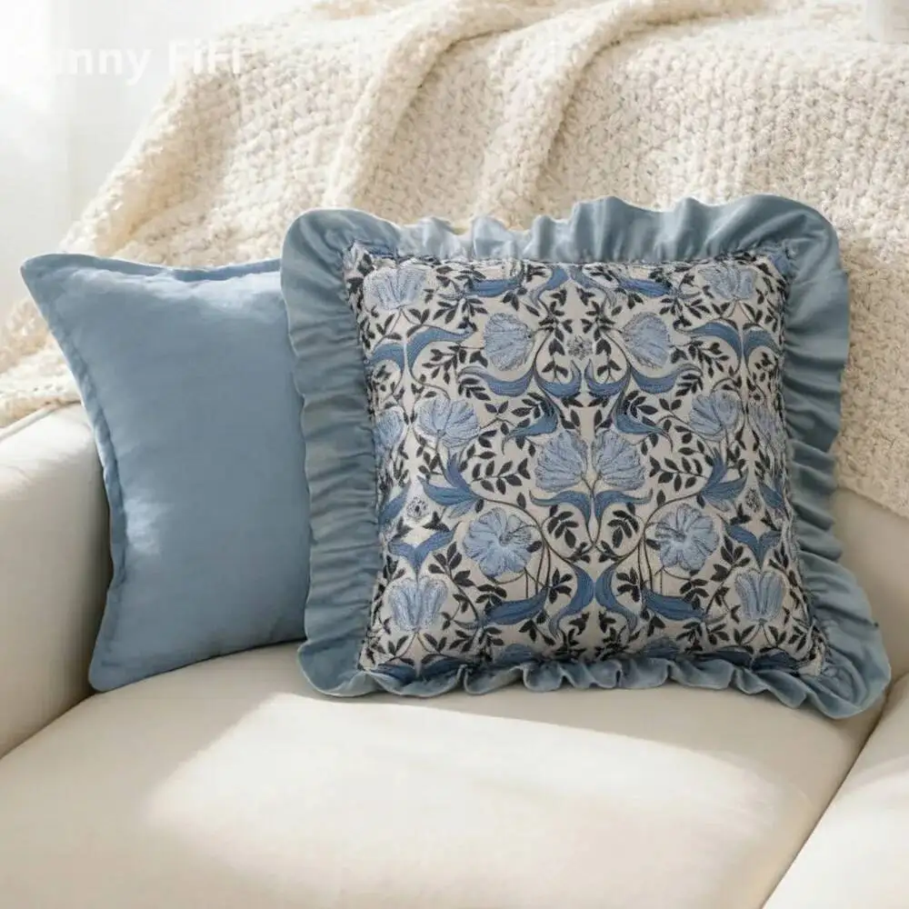 Floral Velvet Modern Cushion Covers With Ruffle Flower Pattern Cotton Linen Decorative Throw Pillow Cases For Sofa Bed Decor