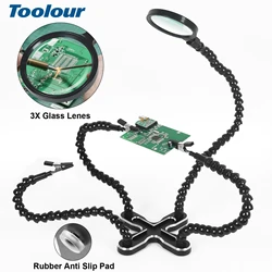 Toolour Helping Hands Soldering Tool Third Hands Solder Flexible Arms with 3X Magnifying Glass Clamping Base Welding PCB Holder