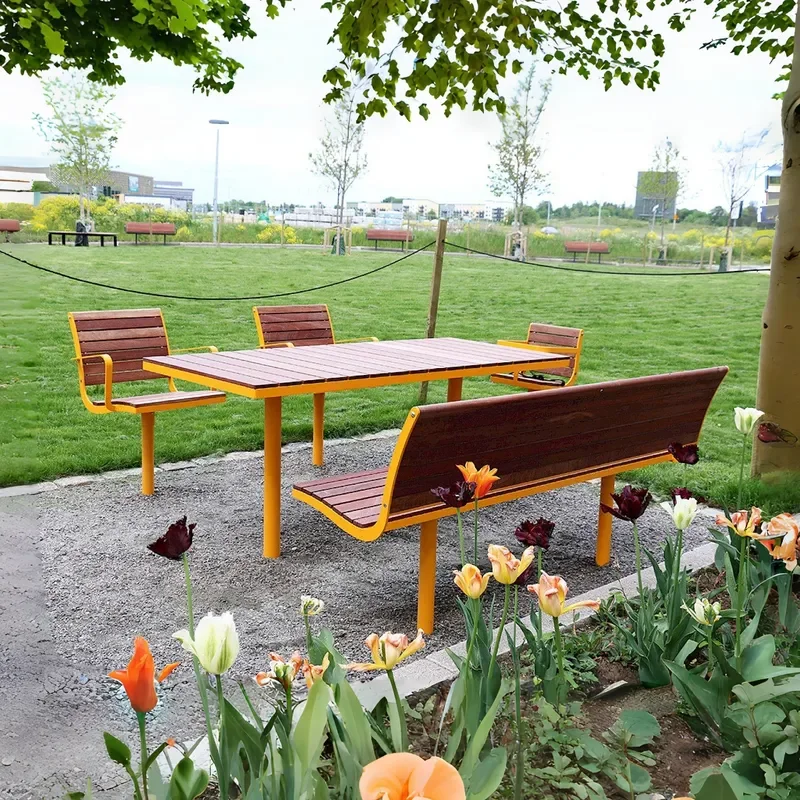 for Outdoor Park Table and Chair Set Wooden Leisure Combination Garden Furniture Yellow Preservative Wood Table and Chair Set